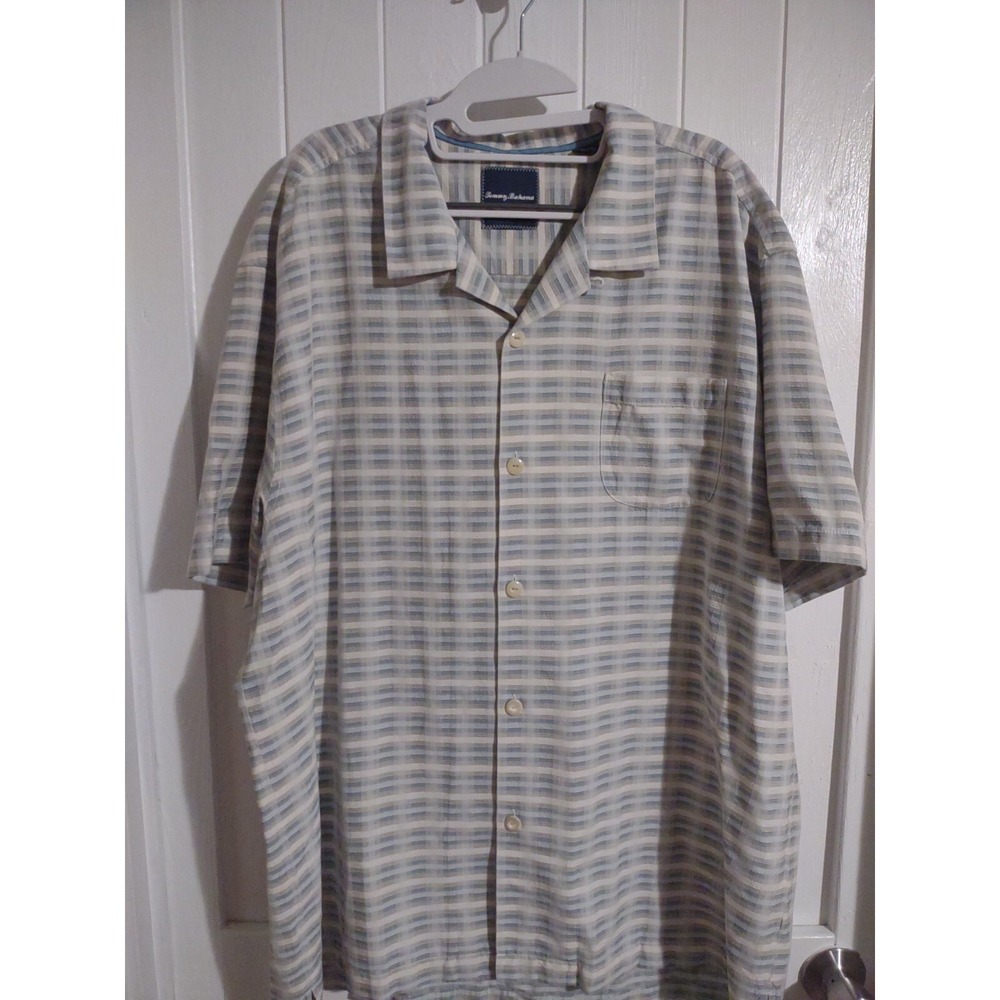 Tommy Bahama Shirt Mens XXL Blue Beige Plaid Button Up